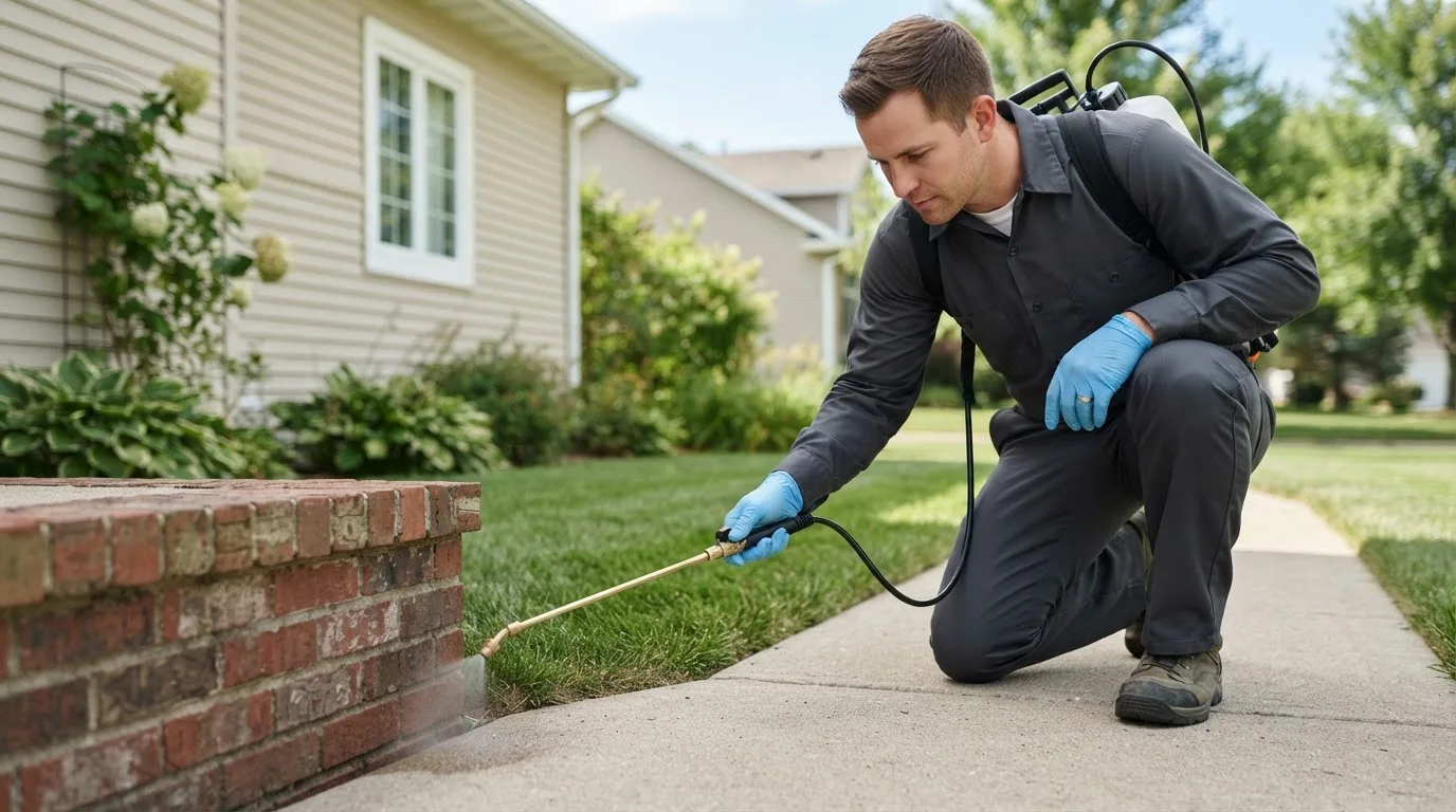 Pest control technician treating a home near Pleasant Hill, OH