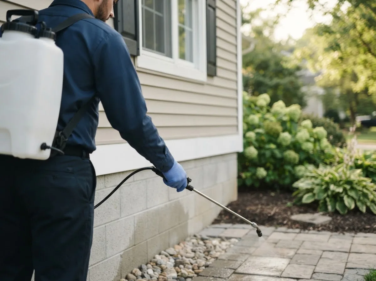 Pest control technician inspecting a home in Pleasant Hill, OH